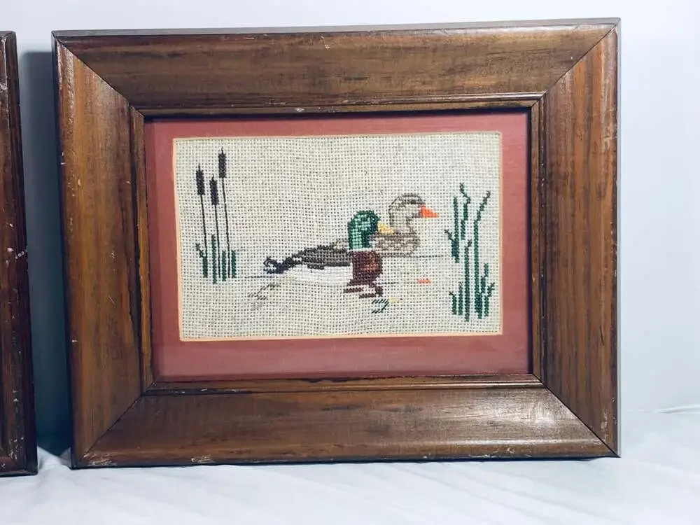 Embroidered ducks antique wall art wood frames